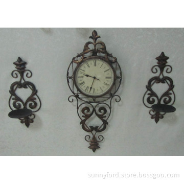 Antique Metal Wall Clock with 2 Candle Holder (SFM0594)